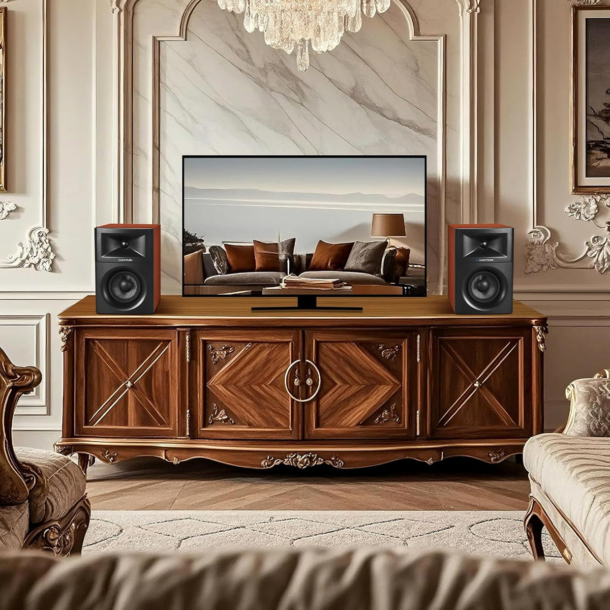 SW205 4" Bookshelf Speakers | Immersive HiFi Audio with Virtual Surround | Flagship DAC/DSP Engine | Geometric Diffusion Cabinet | 80W, Bluetooth 5.4/Optical/AUX Inputs, Wireless Remote, Red