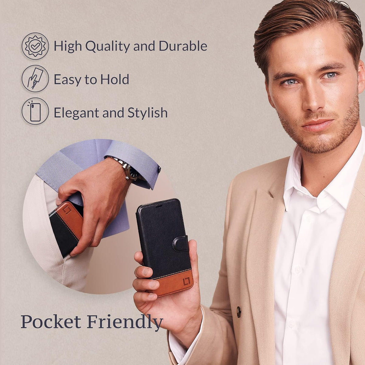 LUPA Legacy Wallet Case for iPhone 13 - Slim & Durable Card Holder - Faux Leather Folio Cover for Men and Women (Sandy