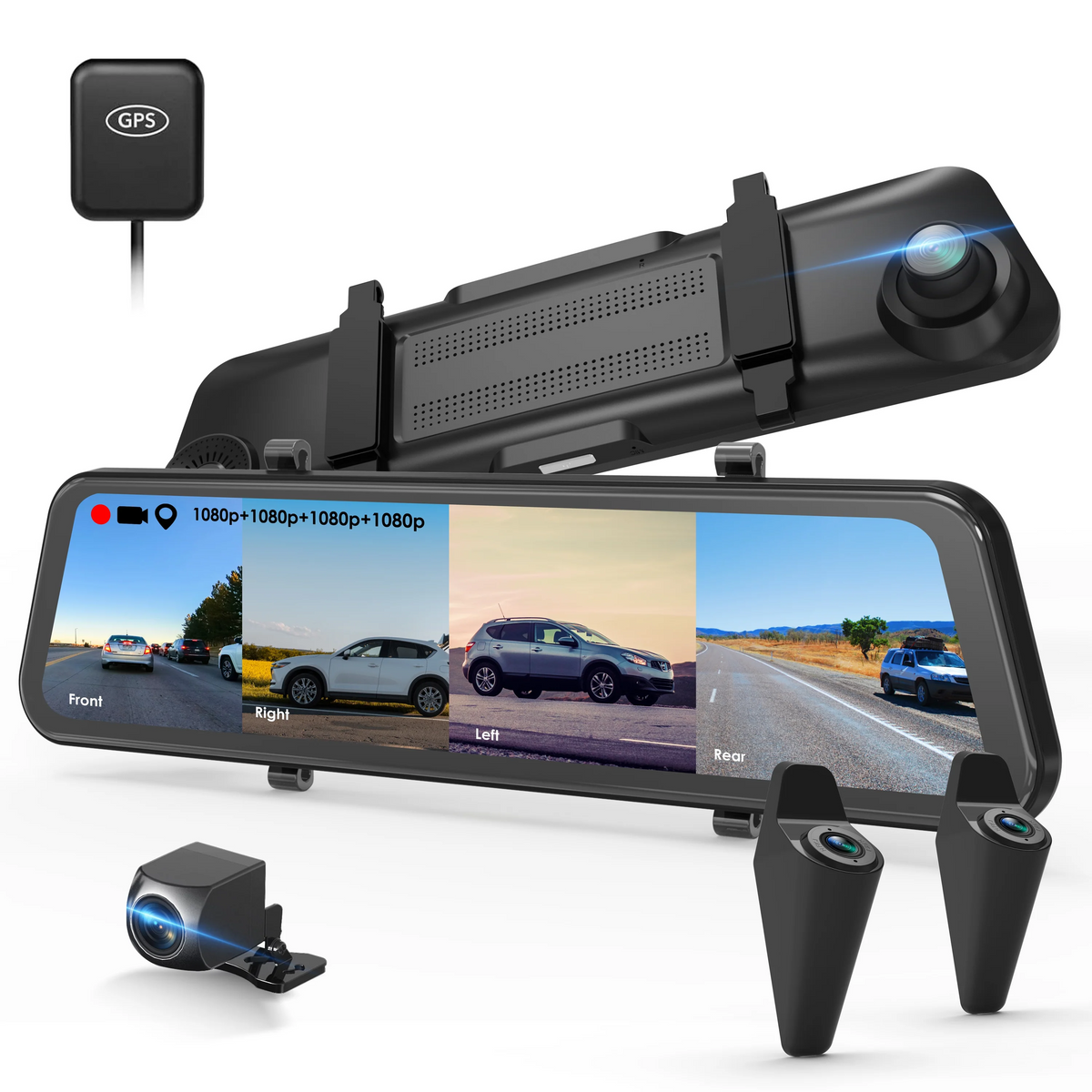 REXING M2-4 4-Channel Mirror Dash Cam, 12” Touch Screen, 1080p with GPS