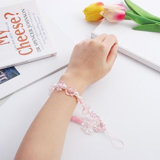 WsjiaboFux Pink Acrylic Beaded Mobile Phone Straps Anti-Lost Hand Strap Pendant Hanging Rope Phone Wrist Hand Lanyard Home Cell Phone Charms Button