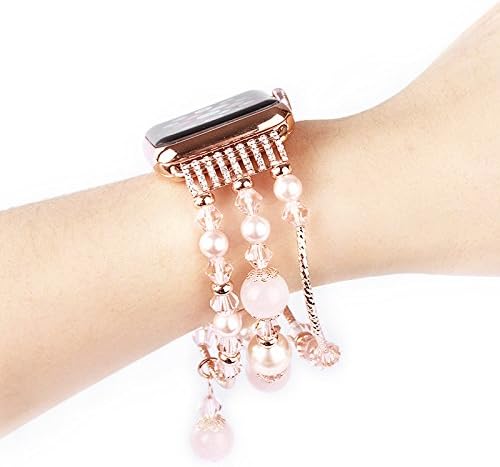GEMEK Compatible Apple Watch Band 38/40/41mm, Rose Gold Women Pearl Bracelet Strap (Pink)