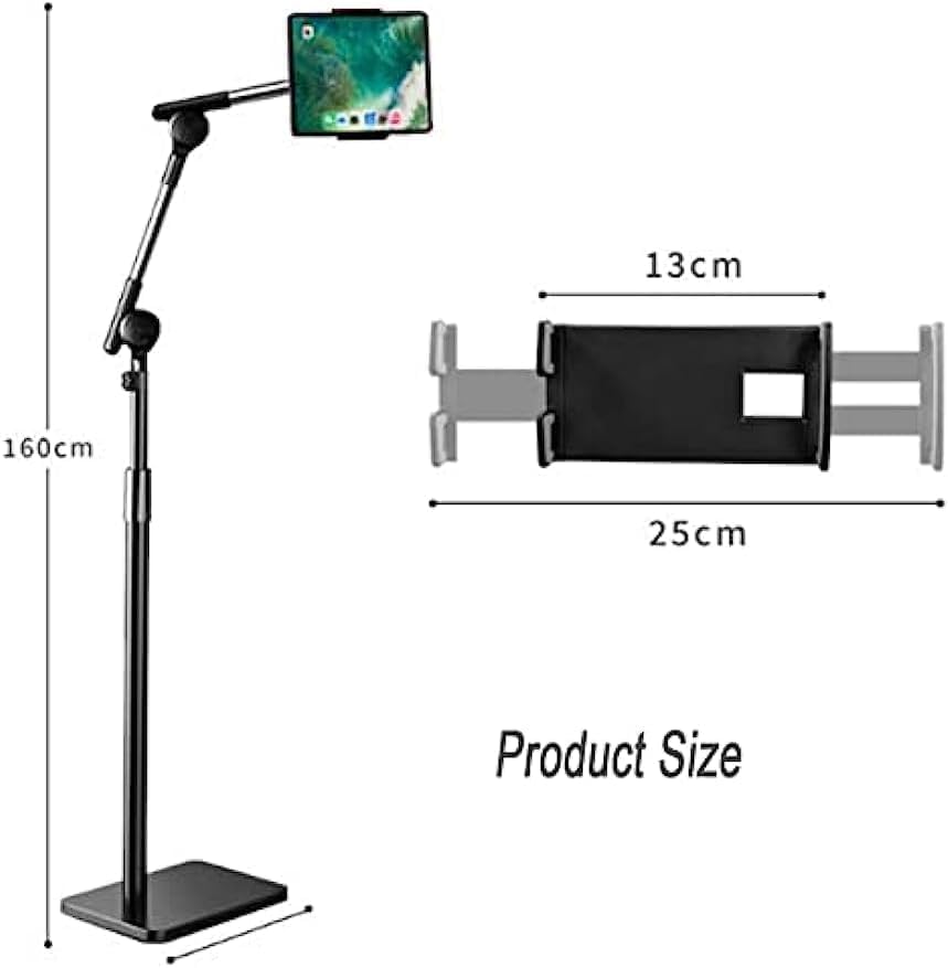 Tablet Floor Stand Holder, 360 Degree Rotating with Height Adjustable Stand Compatible with 4.7"-13" Phone/Tablet, Kindle, 63" Phone Stand, Aluminum Alloy, for Bed,Sofa,Desk.Black
