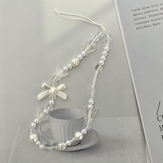 WLngtv 2 Pcs White Mobile Phone Lanyard Universal Chain Black Bow White Pearl Beaded Phone Lanyard Wrist Strap Anti Lost Phone Charm Strap Fashion