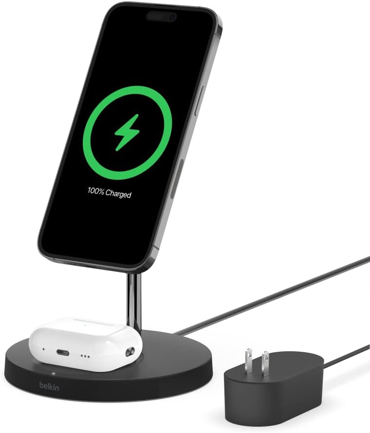 Belkin MagSafe 2-in-1 Wireless Charging Stand for Apple iPhone 13, 14, 15, 16, & AirPods - Fast Charging Station for Multiple Devices - Black