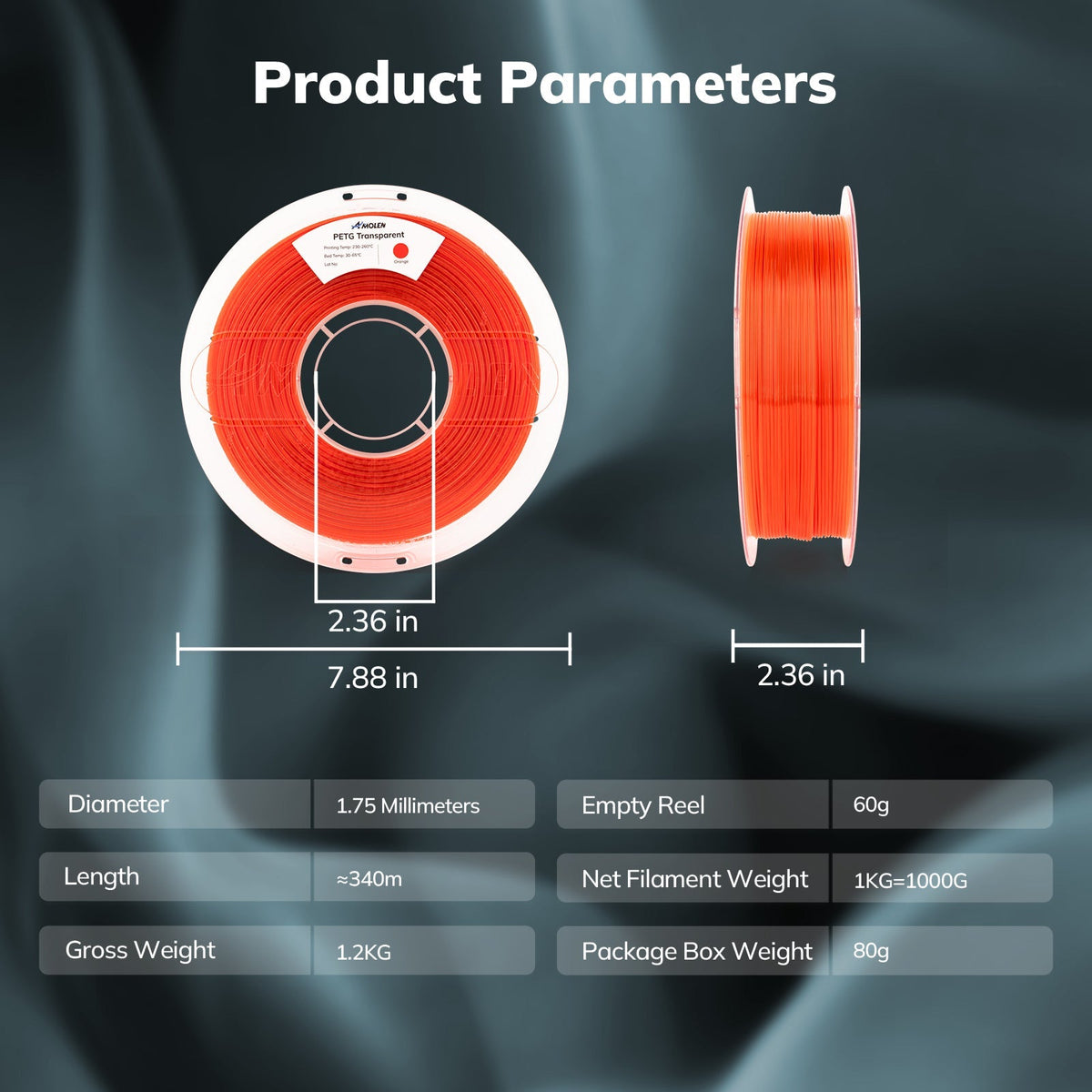 PETG Transparent 1.75mm, 1KG/2.2LB