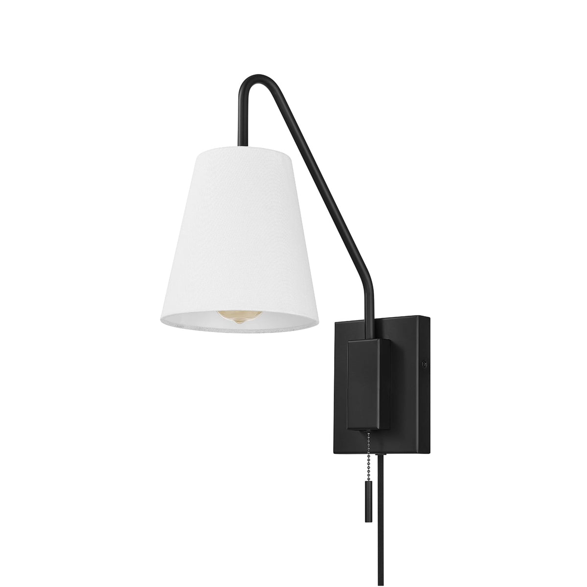 Globe Electric 65000043 1-Light Plug-in or Hardwire Wall Sconce, Matte Black, White Fabric Shade, Swing Arm, 6ft Black Braided Fabric Cord, On/Off