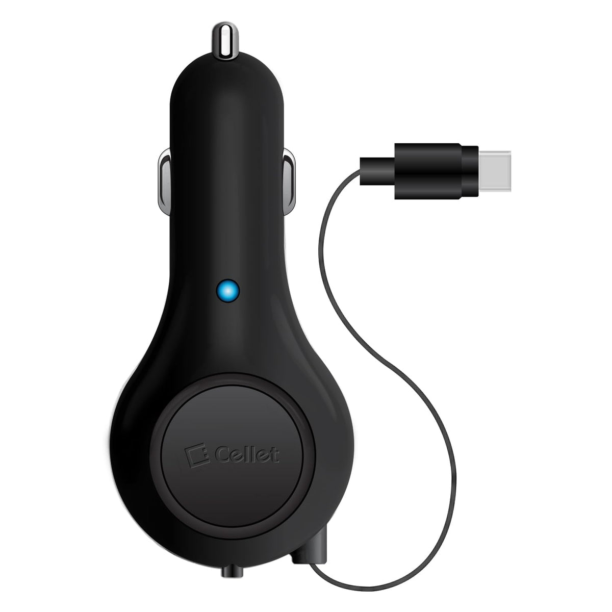 Retractable USB-C Car Charger - 15W Fast Charging, 3.3ft Cable, 3A Output, Blue LED Indicator - Compatible with Apple iPhone 15/16 Series & Android