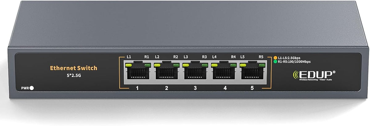 Ethernet Switch 2.5 Gigabit, 5 Ports Multi-Gigabit Ethernet Switch, Unmanaged, Fanless, Plug & Play, Reliable Network Splitter, Ideal for Gaming, NAS, PC, Silent, Desktop/ Wall Mount, Metal Design
