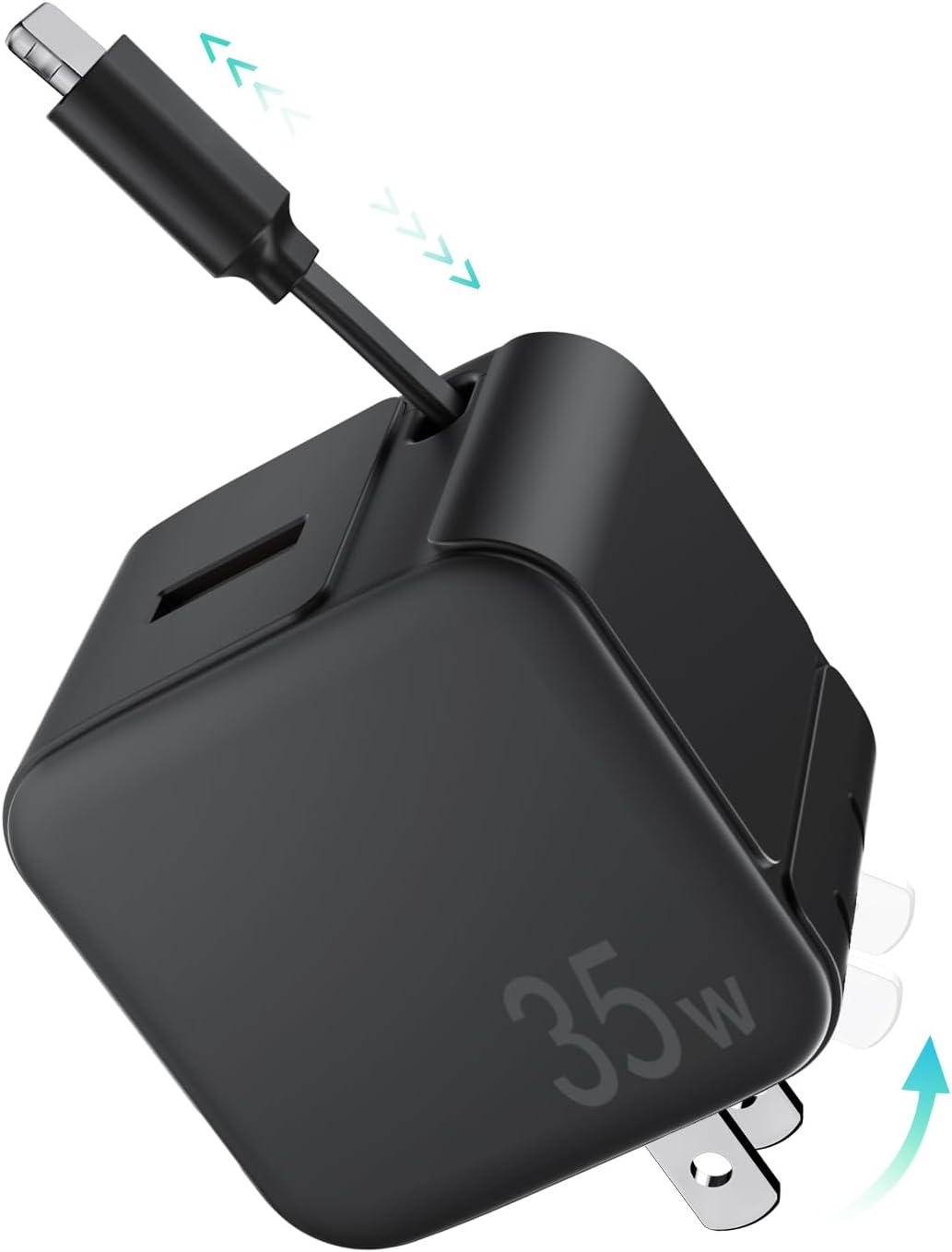 Retractable Wall Charger Block for iPhone, 35W PD Fast Charger with Retractable Lightning Cable and USB Port for iPhone