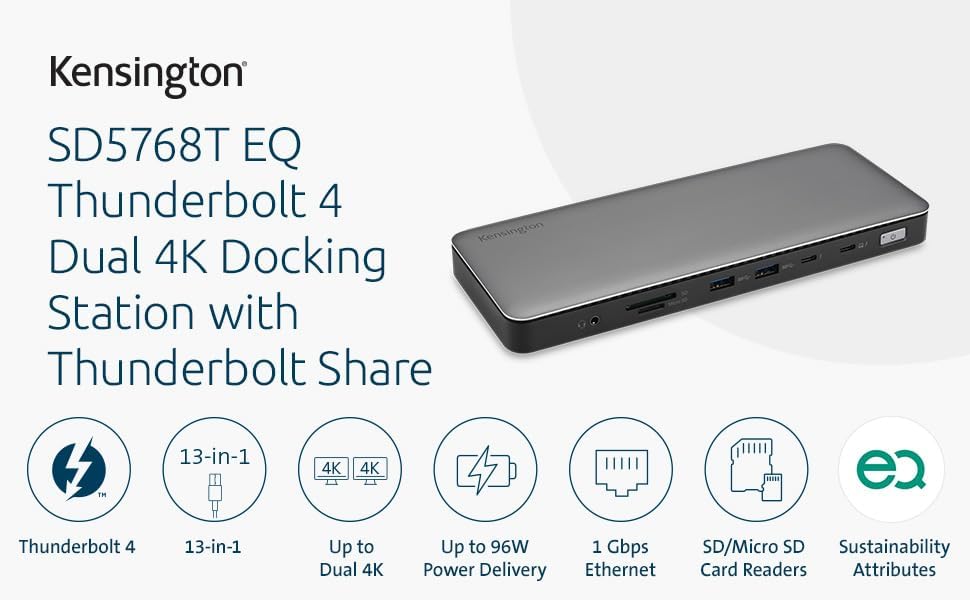 Kensington SD5768T EQ Thunderbolt 4 Docking Station, Dual 4K@60Hz via HDMI/TB4 Ports, 96W Charging, SD/Micro SD Card Slots, Ethernet, Audio, Supports Thunderbolt Share (K35381NA)