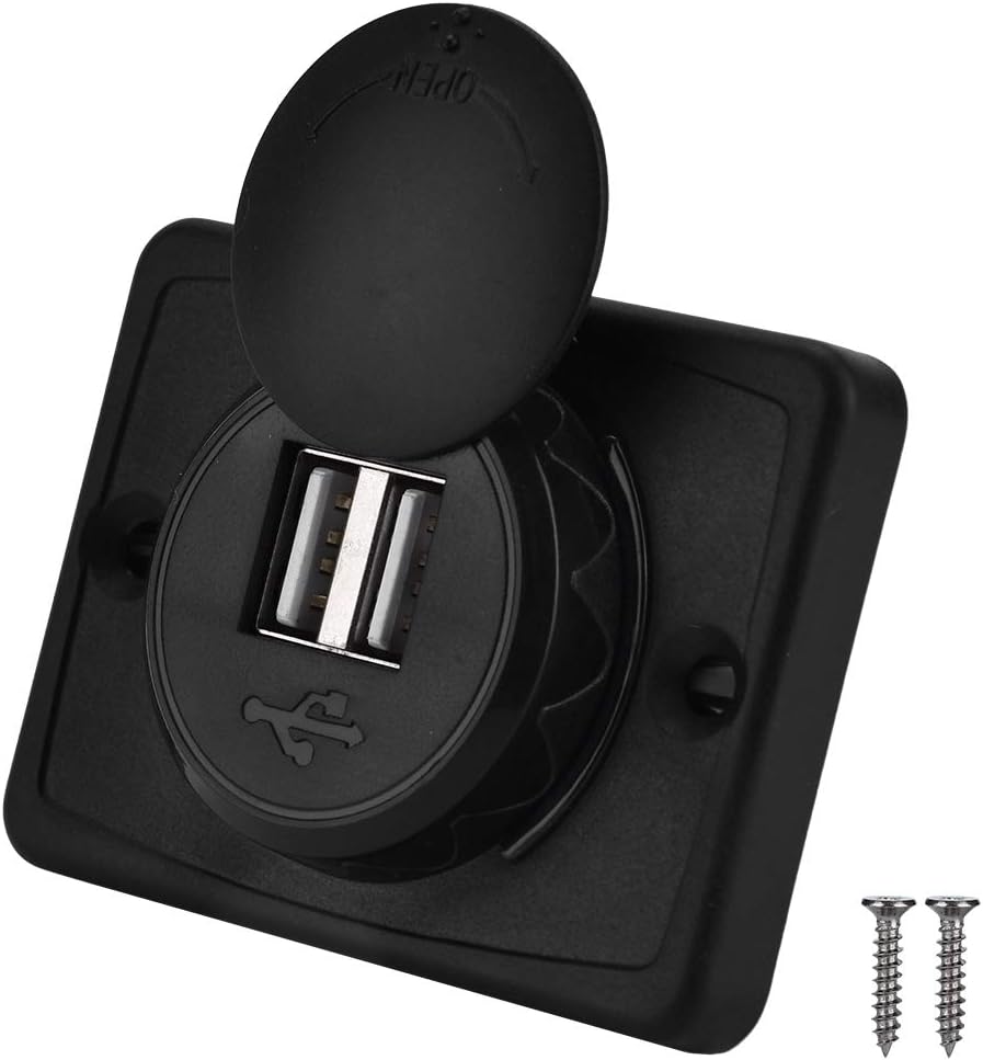 Aramox Car USB Dual Port Socket Outlet, 3.1A Black ABS 12V with LED