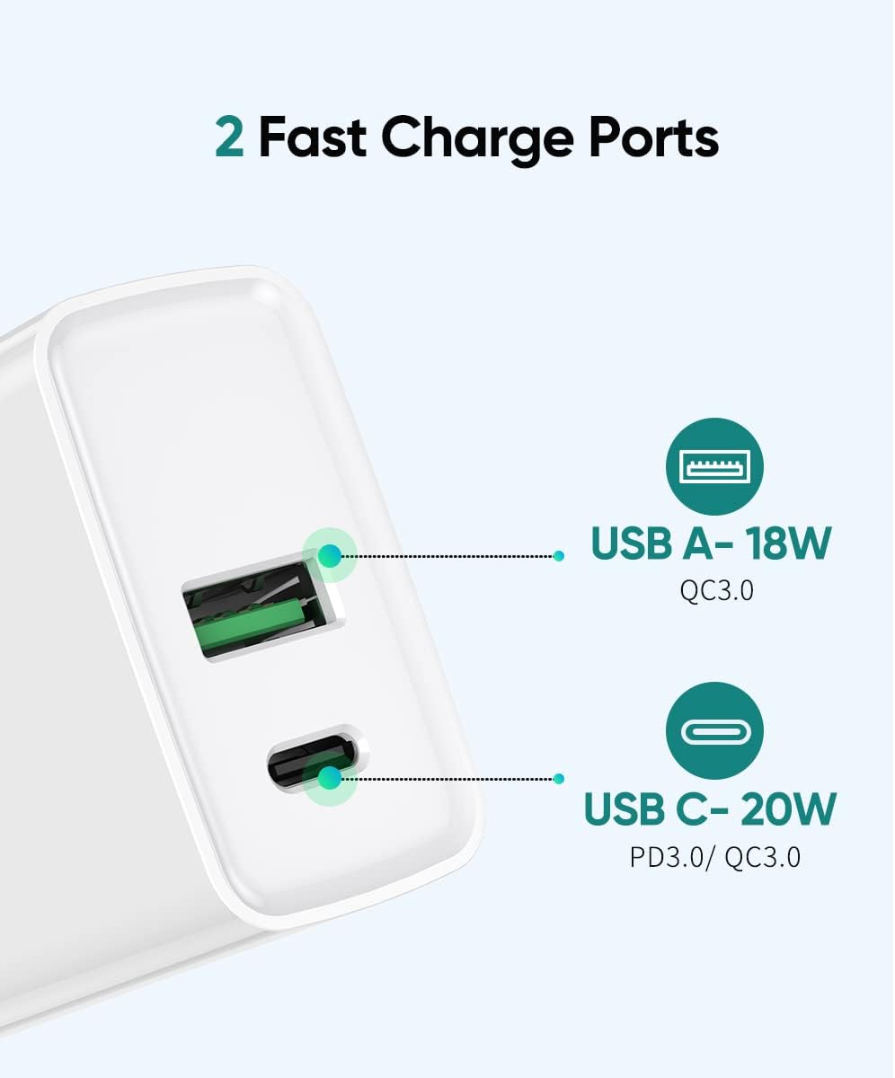 USB C Wall Charger PD 20W, Dual Port Power Delivery Fast Charge Block Plug Adapter for iPhone 15/14/13/12/11/Pro Max,