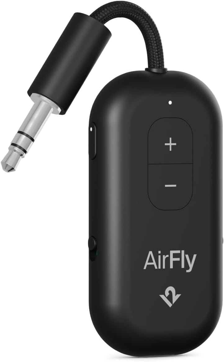 AirFly Pro 2 – Bluetooth Adapter for Airplane, Pair 2 AirPods or Wireless Headphones – 3.5mm AUX Bluetooth Transmitter and Receiver for Cars, Boats, Treadmills, TVs– Airplane Travel Essentials, Black