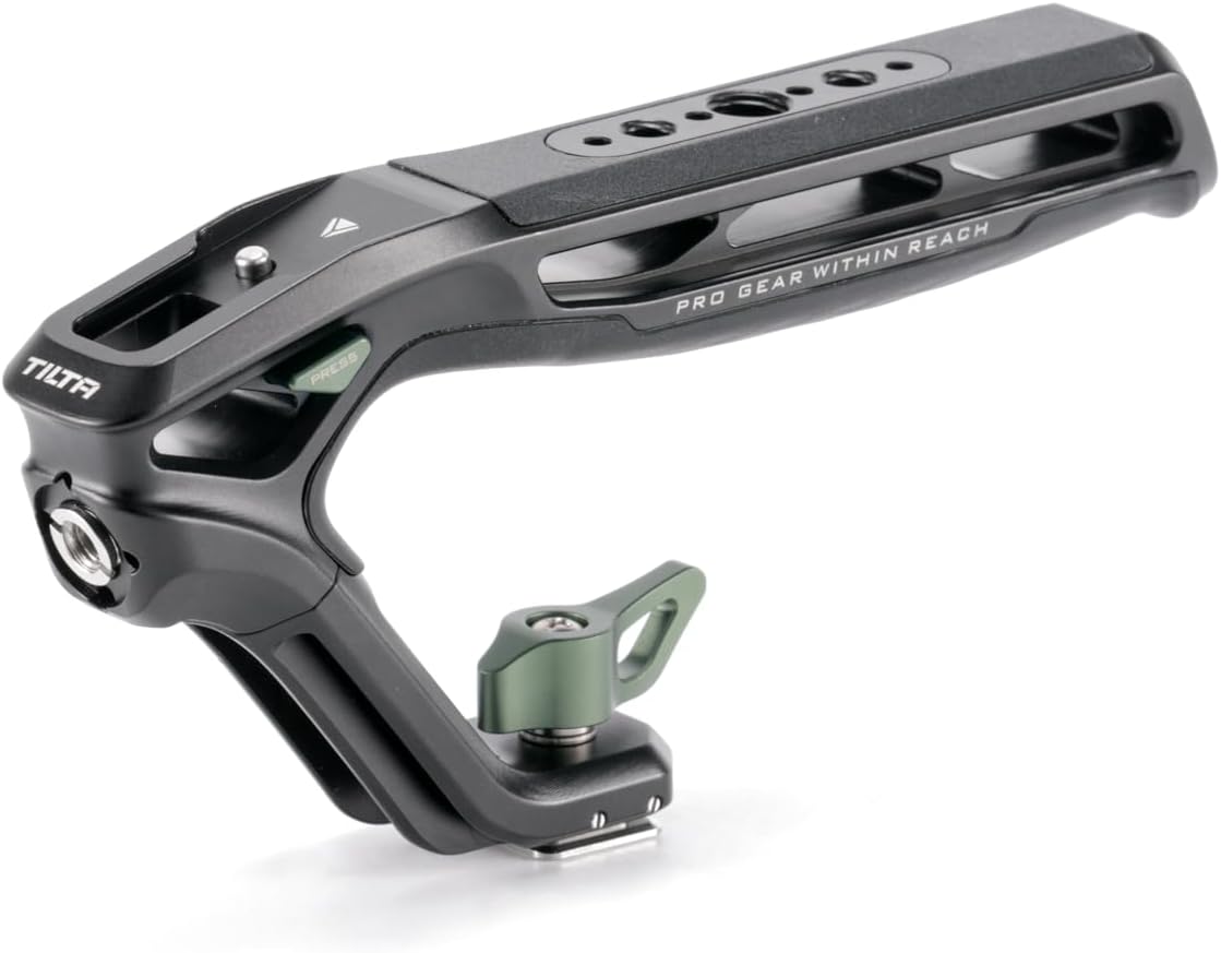 Tilta Xeno Top Handle for Filmmakers & Cameras - Black | Aluminum Alloy and Silicone Build | 1/4″-20 and 3/8″-16 Threads w/Locating Points | Safety Release Pin | Comfortable Handling (Cold Shoe)