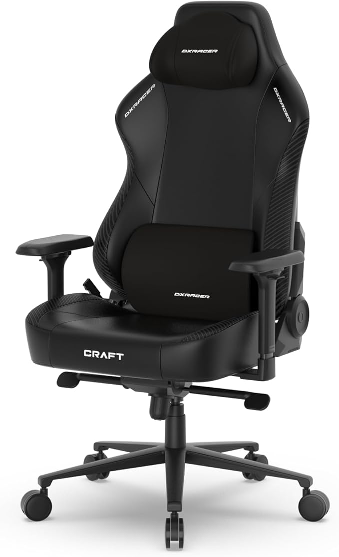 DXRacer Craft L Video Gaming Chair for Adults Ergonomic Office Reclining Computer Chair with Magnetic Head Pillow and Lumbar Support Racing Style Height Adjustable (EPU Leatherette Black)