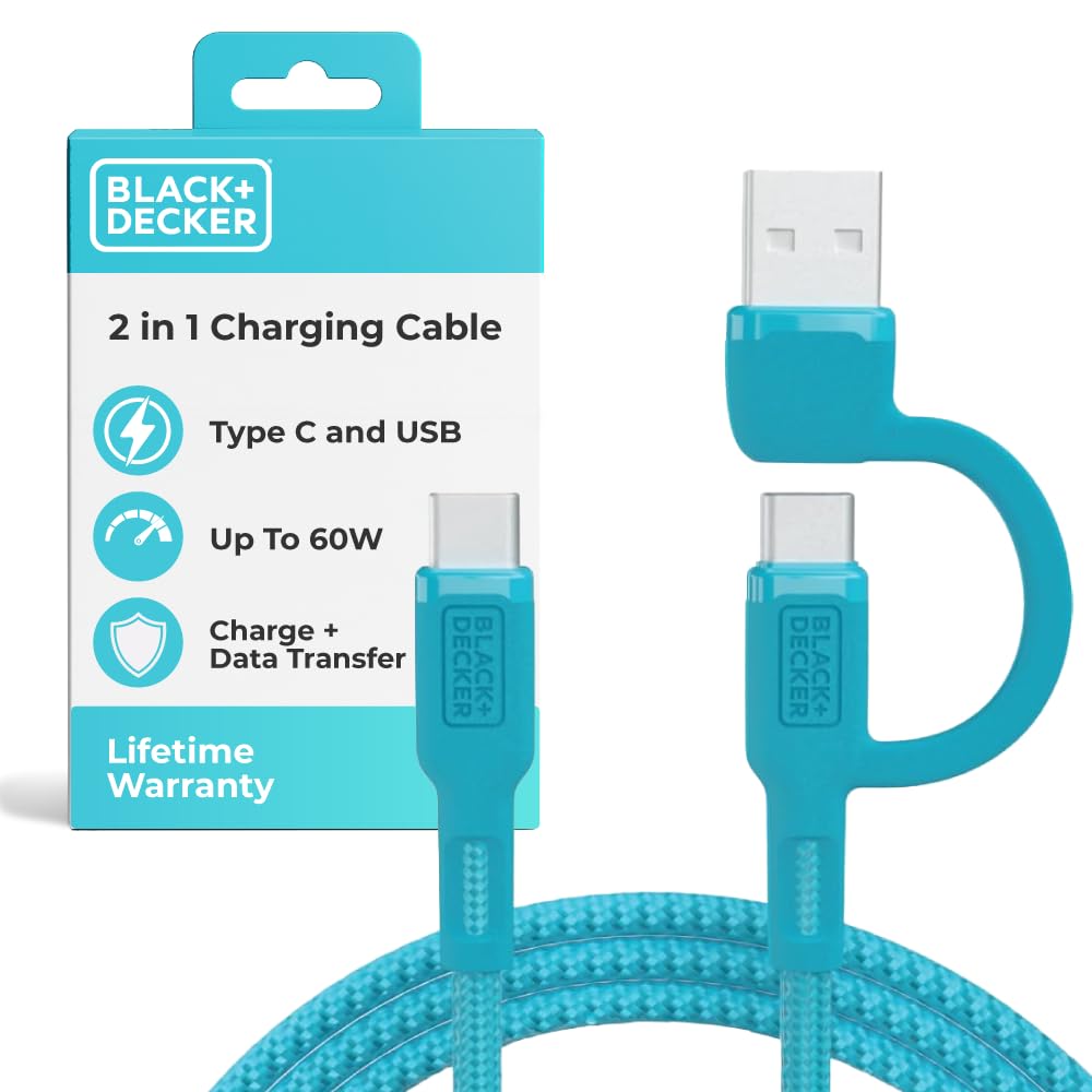 BLACK+DECKER USB C Multi Charging Cable, Fast Multi Charger Cable w/Adapter, Braided 2 in 1 Multiple USB Cable, Universal Charging Cord w/Type C/USB Adapter for iPhone 16 15/Samsung/LG/Tablets/More
