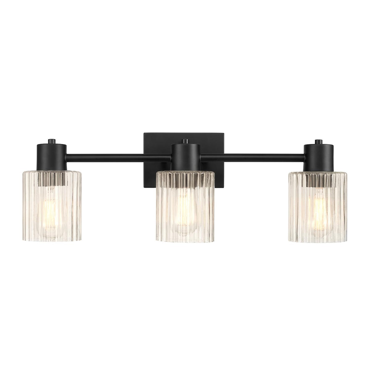 Globe Electric 3-Light Vanity Light, Matte Black, Clear Ribbed Glass Shades