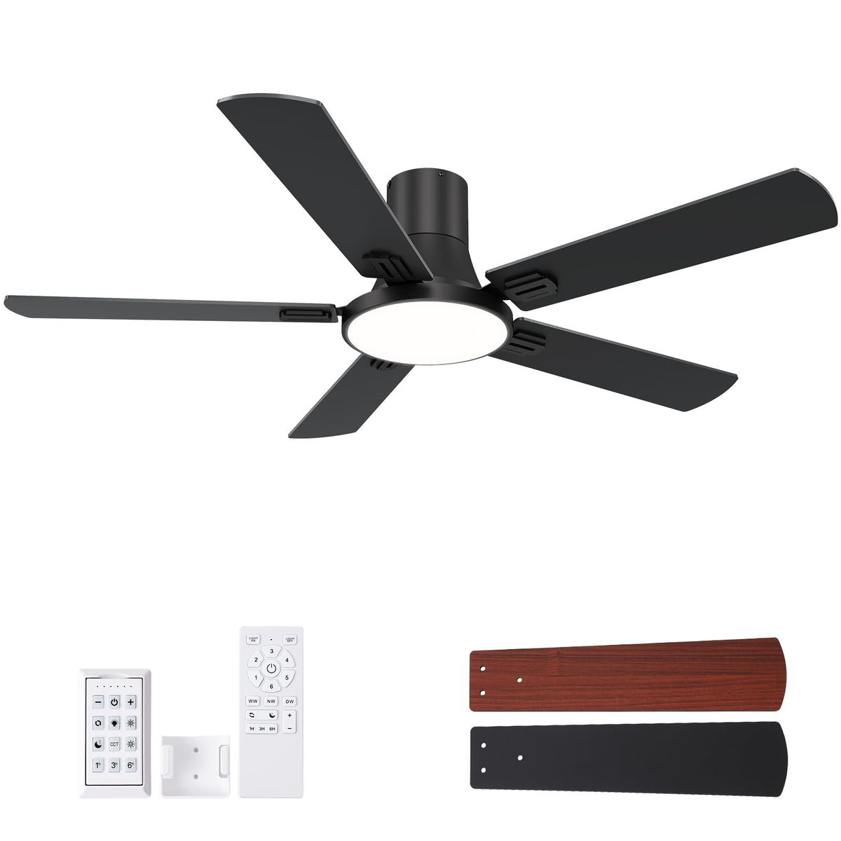 SNJ 52 Inch Black Ceiling Fans with Lights and Remote,Flush Mount Low Profile 5 Blades Ceiling Fan,Dimmable Quiet Reversible DC