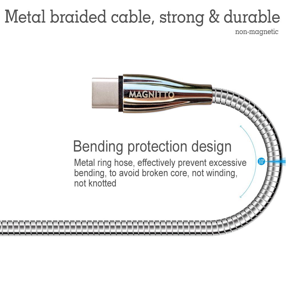 Shop the 6ft Metal Braided Wire USB C to USB C Cable 2-Pack, 60W 3A, Stainless Steel, Tangle-Free, Chew-Proof, Silver.