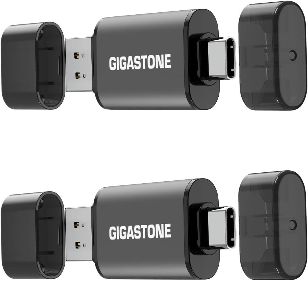 GIGASTONE 16GB Dual Flash Drive (2 Pack) Z40 USB 3.2 Gen 1, 2-in-1 Type-A & Type-C, 100MB/s Ultra Fast, Head Cap Design, Plug & Play for Smartphone/PC/Mac/TV/Car Audio, USB 2.0/3.0/3.1 Compatible