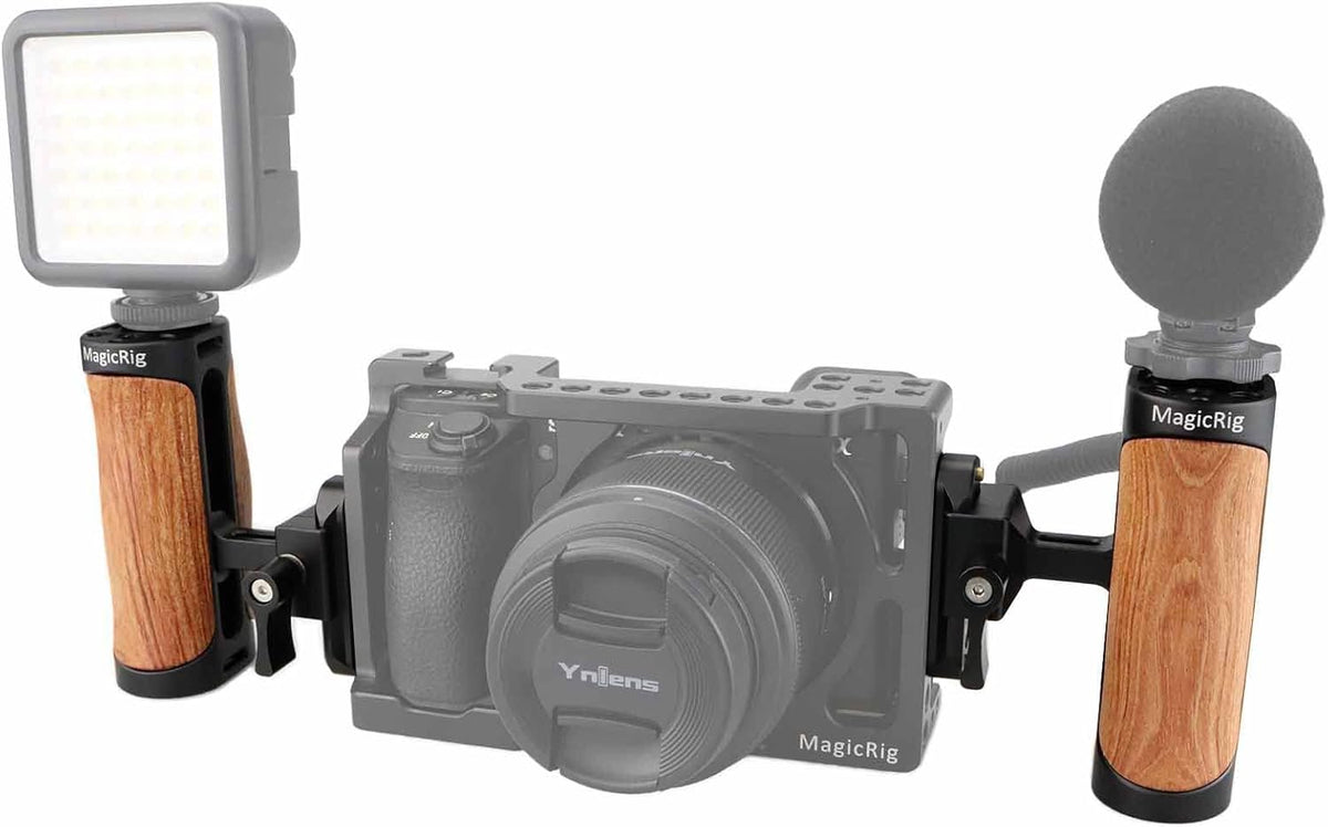 Wooden NATO Side Handle Mini Grip & NATO Rail 50mm for DSLR/Volg Camera Cage, Built-in Cold Shoe Mount, 1/4" & 3/8" ARRI Thread Hole, Up and Down Adjustable, for Left or Right Handle