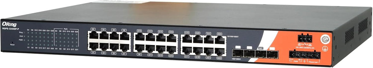 RGPS-3244GP-P | 28-Port Rackmount Managed Gigabit PoE Switch | 24 GE PoE + 4 SFP Slots, ORing Industrial Networking