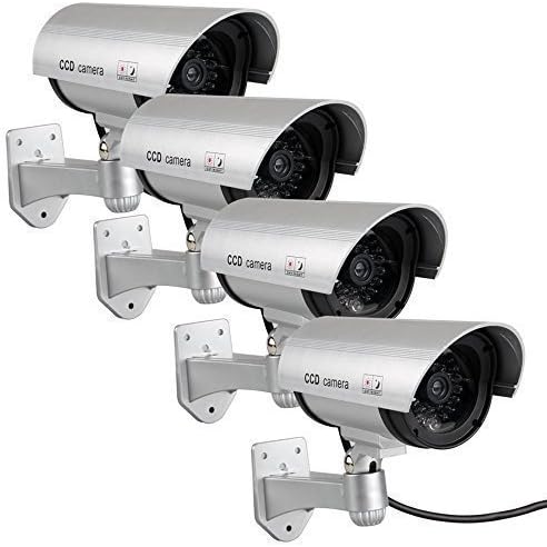 Fake Cameras for Outdoor, Dummy CCTV Surveillance System with Blinking Lights and Warning Sticker (4, Silver)