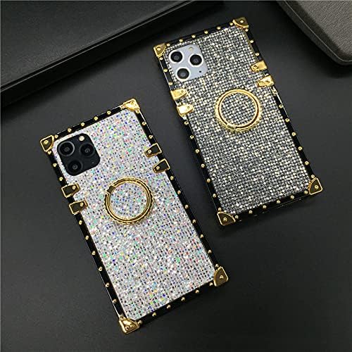 Bling Case for iPhone 12 Pro Max 6.7" Soft TPU Cover with Ring Kickstand Holder, Glitter Gold Corner, Gray