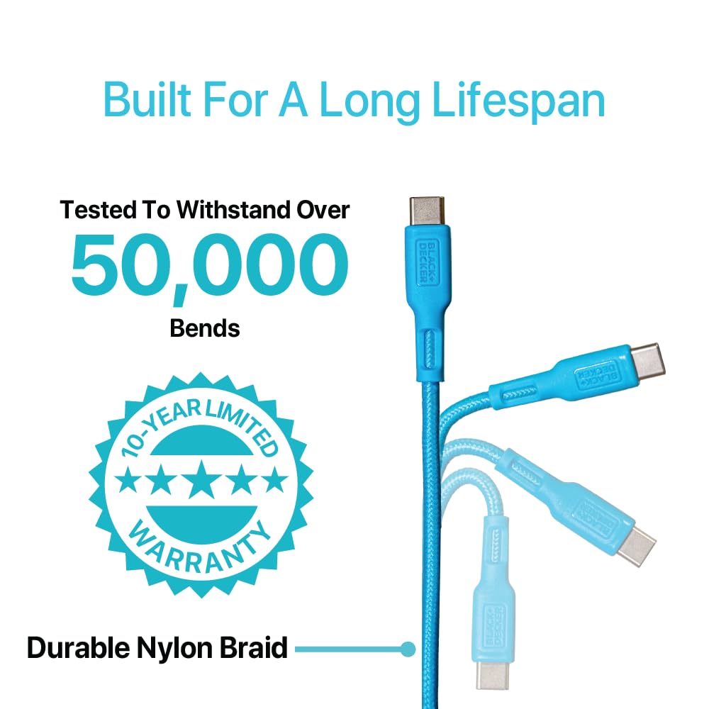 BLACK+DECKER USB C Multi Charging Cable, Fast Multi Charger Cable w/Adapter, Braided 2 in 1 Multiple USB Cable, Universal Charging Cord w/Type C/USB Adapter for iPhone 16 15/Samsung/LG/Tablets/More