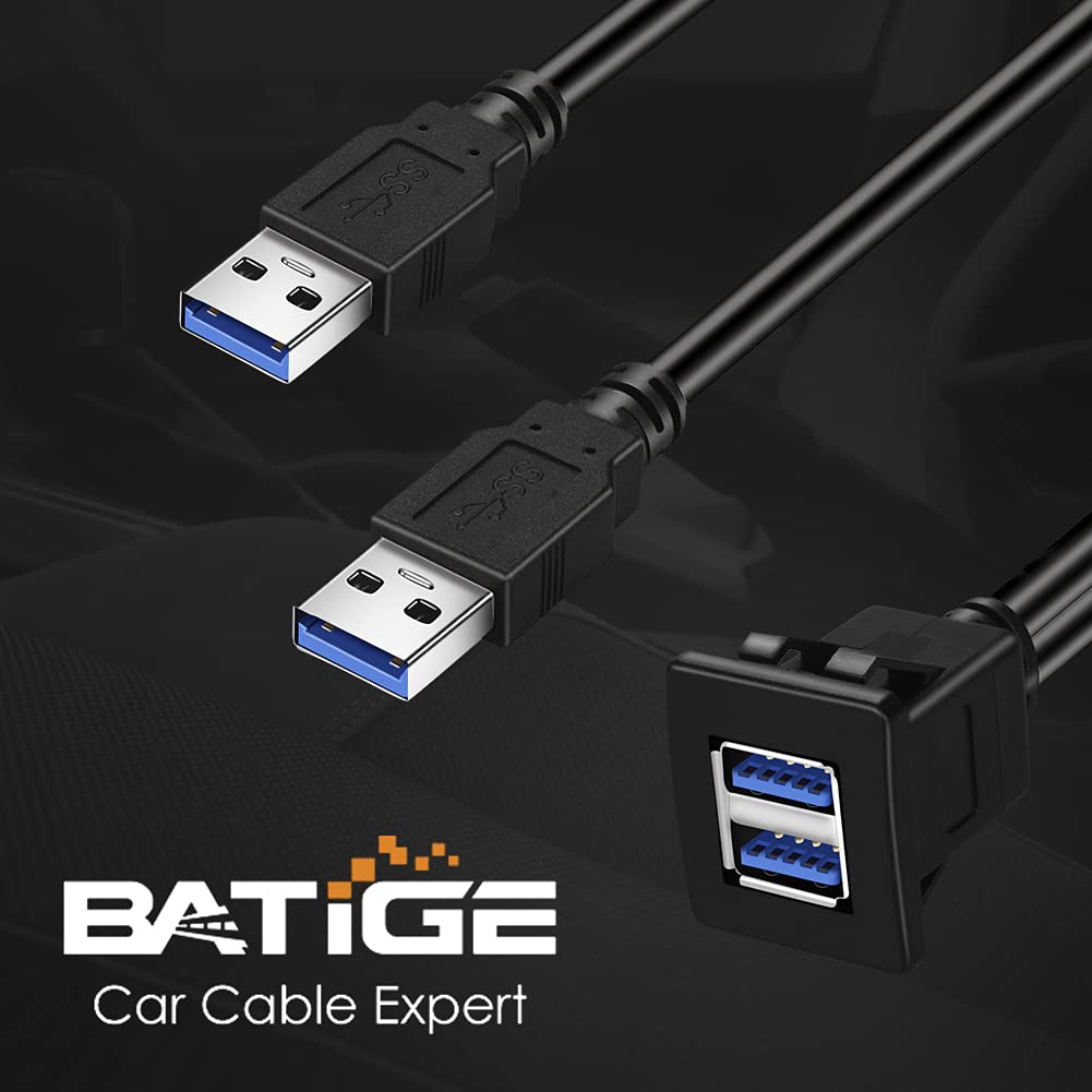 BATIGE Dual Ports Square USB 3.0 Panel Flush Mount Extension Cable for Car, Truck, Boat, 1ft