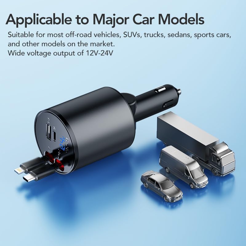 Retractable Car Charger, 4 in 1 Super Fast Car Phone Charger 60W, 2 Retractable Cables and 2 USB Ports Car Charging Adapter,Compatible with iPhone 16/15/14/13/12/11,Air-Pods 4,Galaxy,Pixel