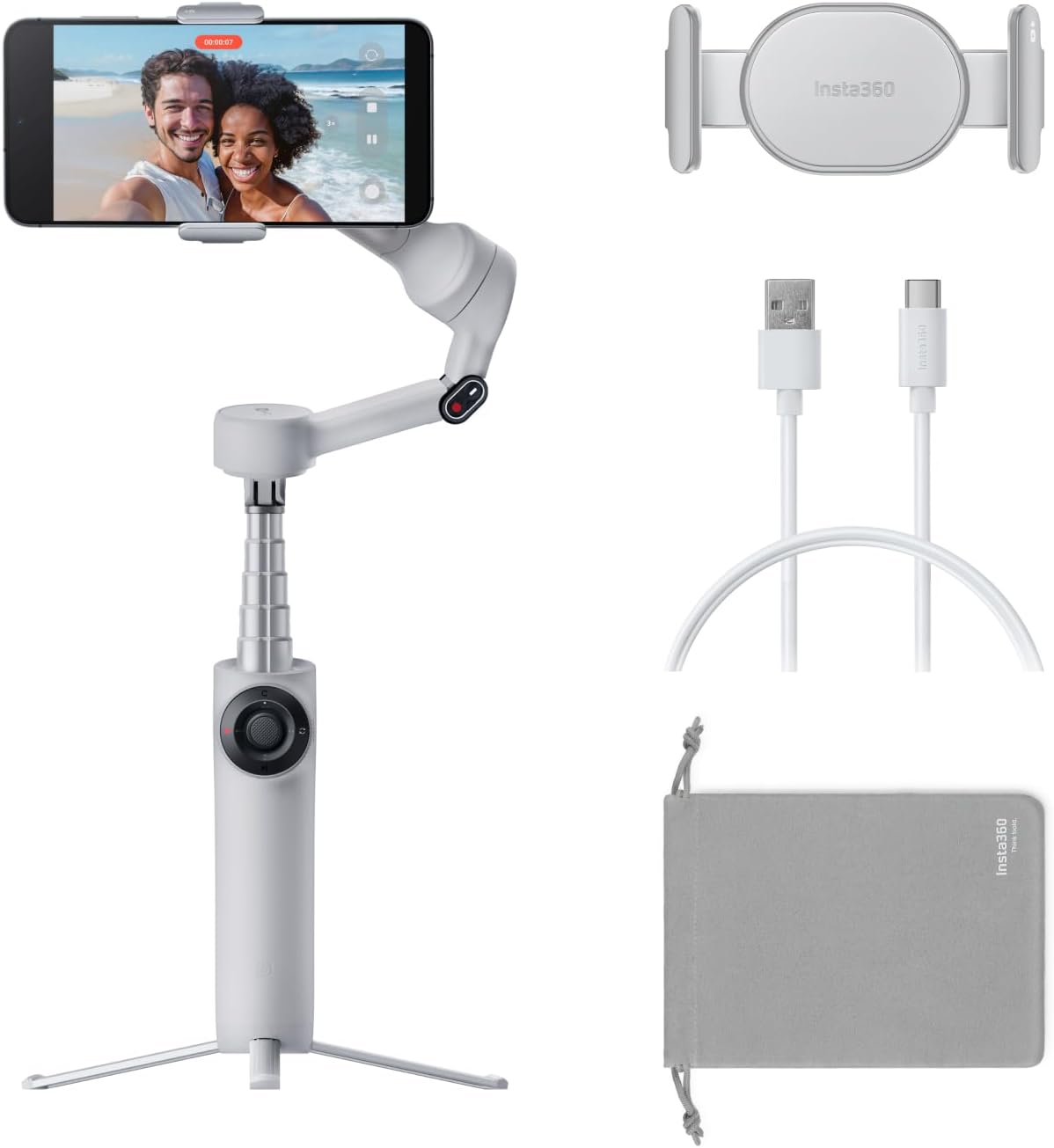 Insta360 Flow 2 Grey - Foldable AI Phone Gimbal, AI Tracking, Multi-Person Tracking, Built-in Tripod/Selfie Stick, Remote Control, iPhone/Android Portable Stabilizer