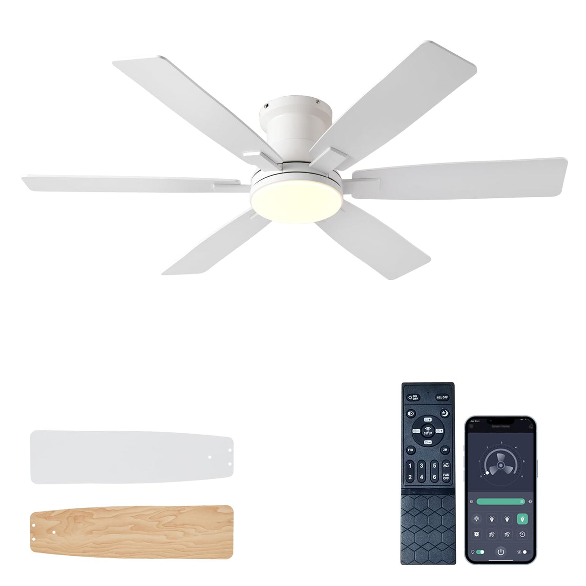 52 inch White Ceiling Fans with Lights and Remote, Low Profile Ceiling Fan with Light, Flush Mount, Reversible, 3CCT, Dimmable,