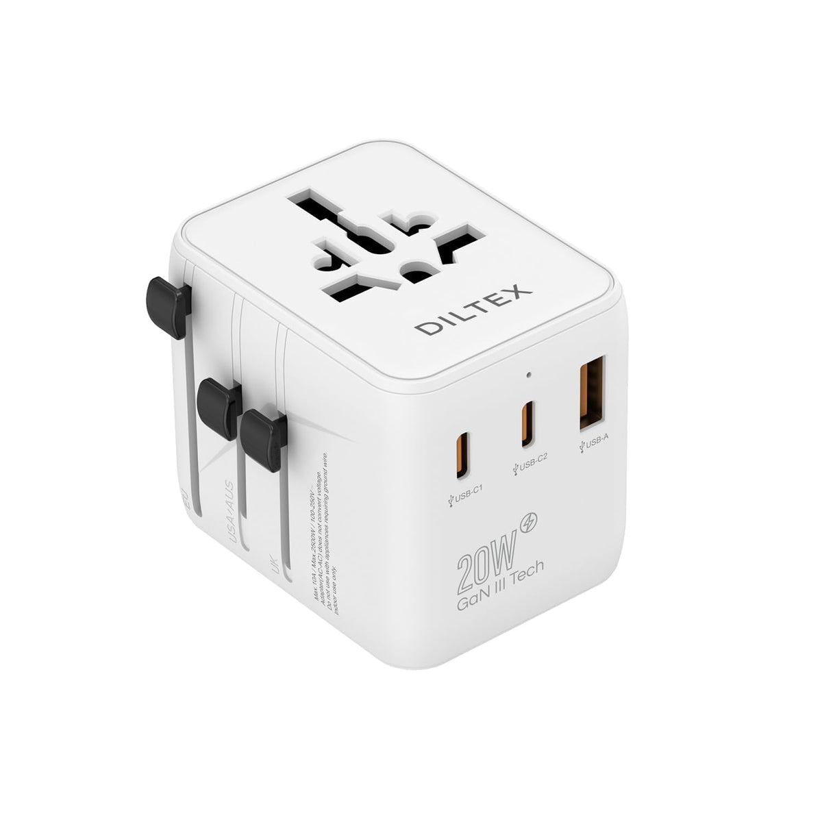 DILTEX 20W GaN III Fast Charging Travel Adapter - Dual USB-C & USB-A Ports with 2 AC Outlets & Dual 10A Overload Fuses - Universal Wall Charger