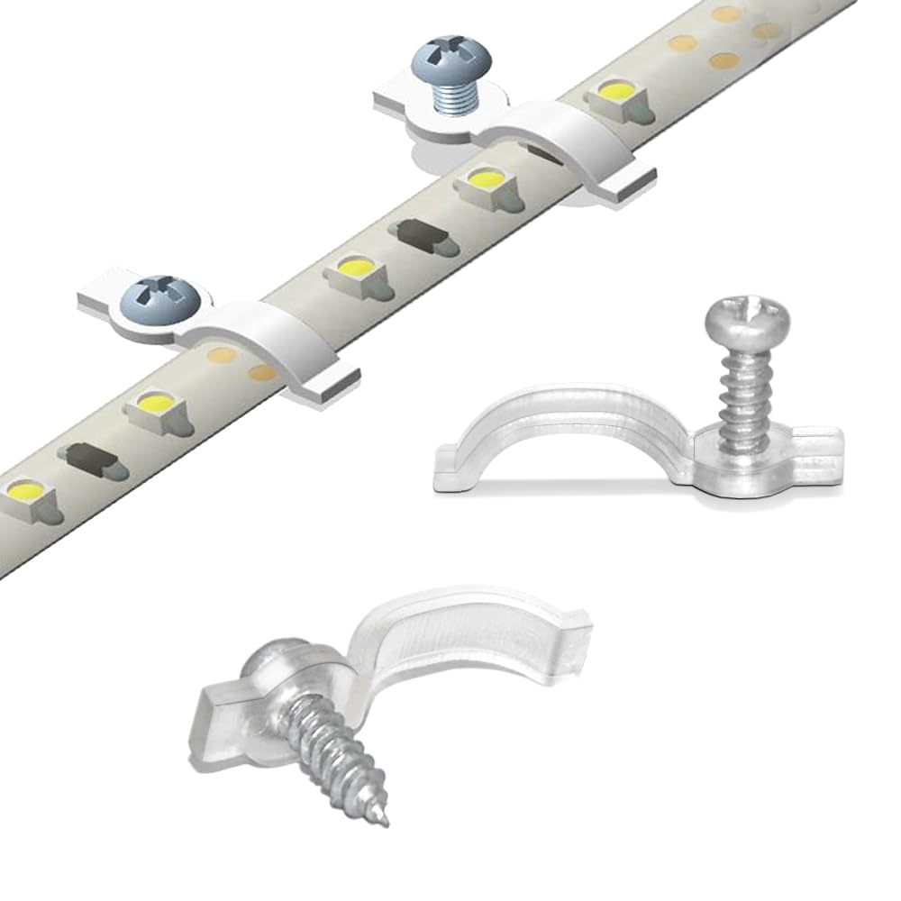 GRIVER 100 Pack Strip Light Mounting Brackets,Fixing Clips,One-Side Fixing,100 Screws Included (Ideal for 10mm Wide Waterproof Strip Lights)