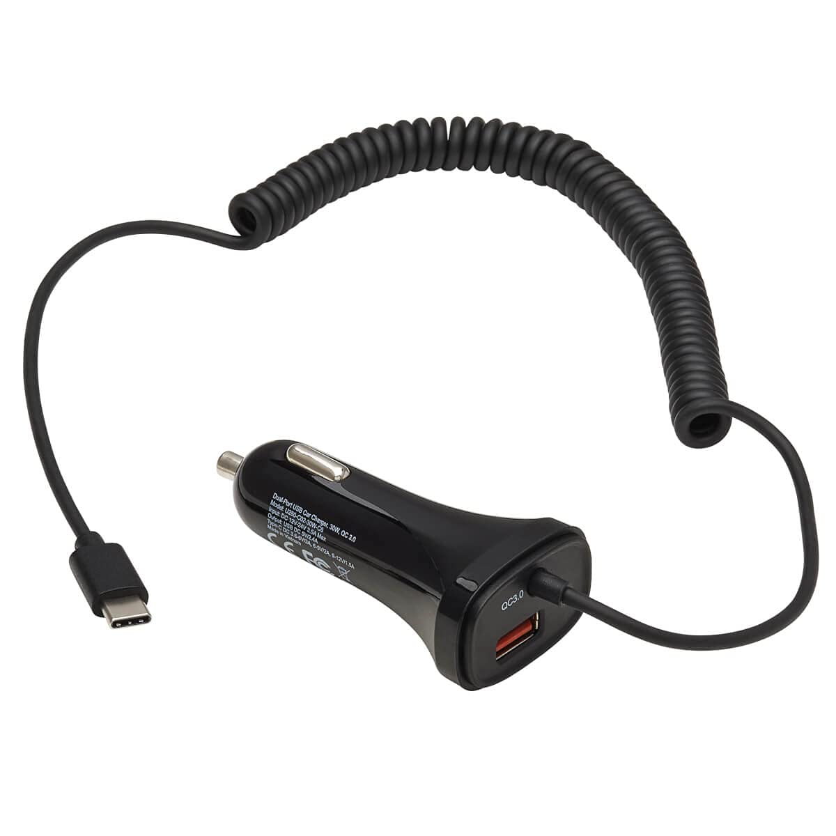 Tripp Lite USB Dual Port Car Charger, USB-C 18W QC 3.0 and USB-A 12W Dual Port USB Car Charger, Coiled USB Charging Cable, Black (U280-C02-30W-C6)