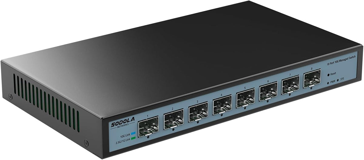 SODOLA 8 Port 10G Web Managed Switch, 8X10G SFP+ Ports, Link Aggregation/QoS/VLAN/IGMP, Wall Mounted Fanless 10Gb Multi-gig Network Switch（SFP Ports Only
