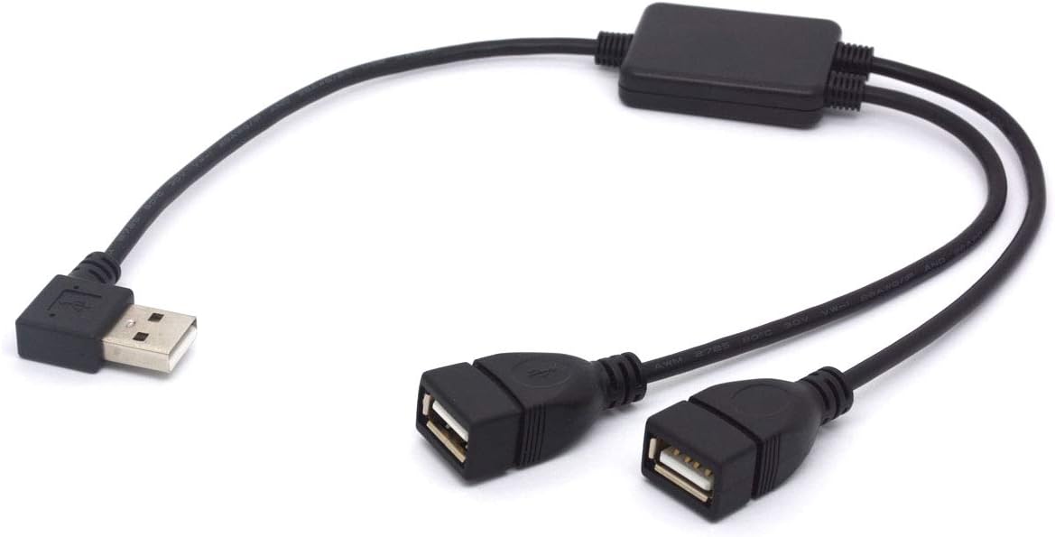 Left Angled USB Splitter Cable, 90 Deg USB 2.0 A Male to Dual Female Data Charging Adapter Cord