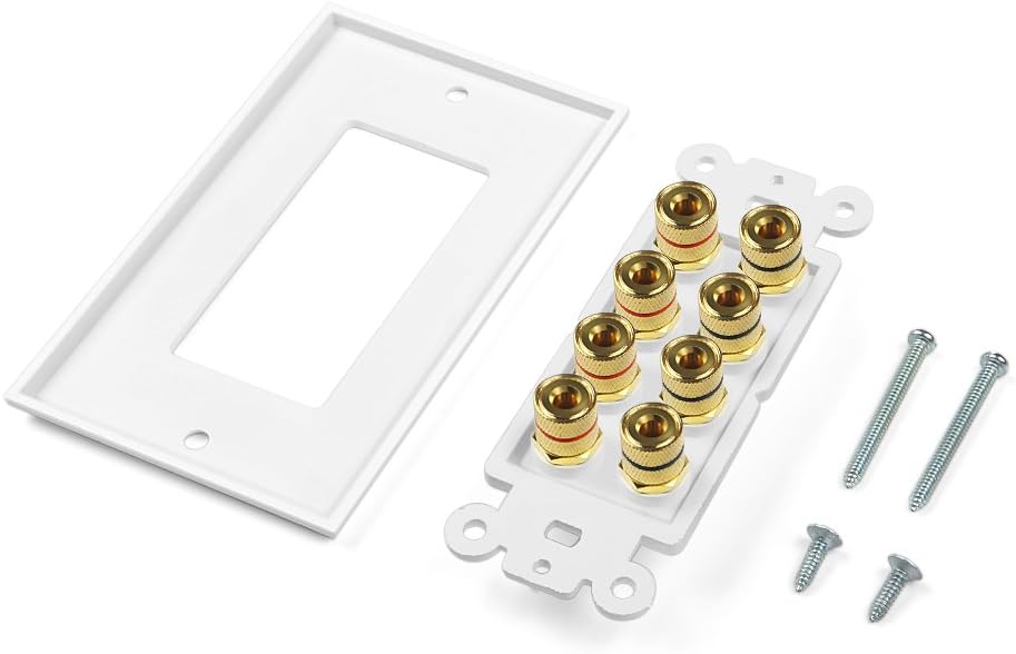 Banana Binding Post Two-Piece Coupler Inset Wall Plate for 4 Speakers, Standard Single Gang White