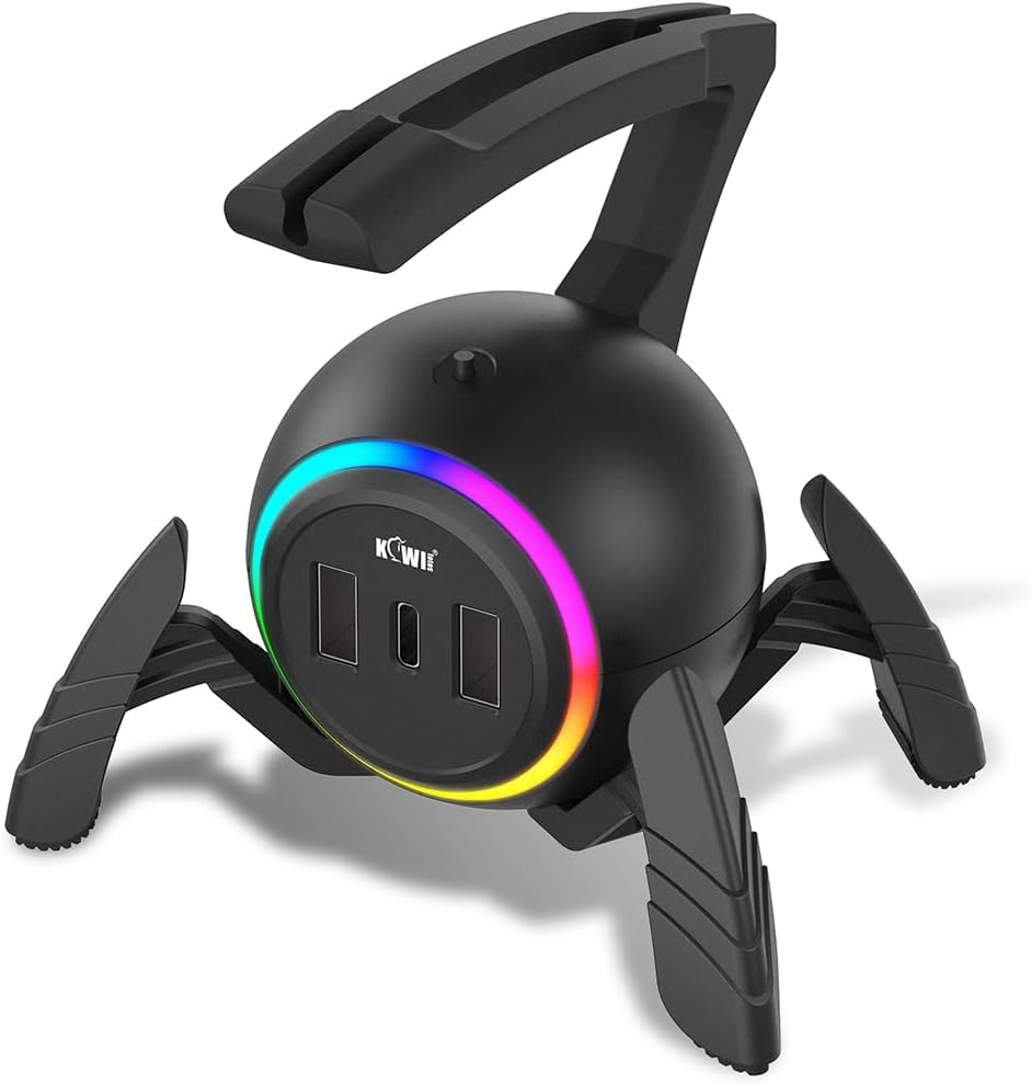 KIWIFOTOS Mouse Bungee RGB Gaming Mouse Cord Holder Controller, Upgraded Flexible Cable Management Smart RGB LED Lights 2 Port USB Hub & 1 Type-C, Spider Mouse Wire Holder