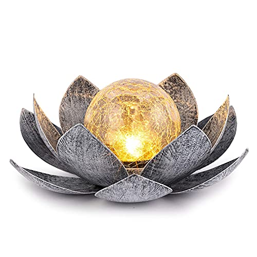 Huaxu Solar Lights Outdoor Garden, Crackle Globe Glass Lotus Decor, Waterproof LED Metal Flower Decorations for Patio,Lawn,Walkway,Tabletop,Ground