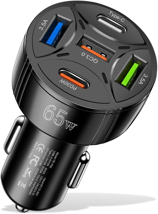65W USB C Car Charger, PD30W & QC3.0 Fast Charging Cigarette Lighter Plug Adapter for iPhone/Android/Samsung