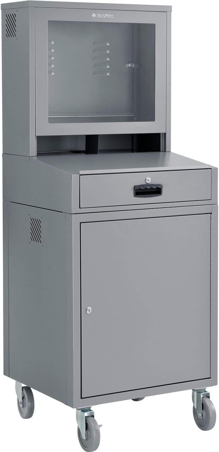 Global Industrial Mobile Security LCD Computer Cabinet Enclosure for 24" Diagonal Monitors, Steel Construction, Gray Powder Coat Finish, 24-1/2"W x 22-1/2"D x 62-3/4"H