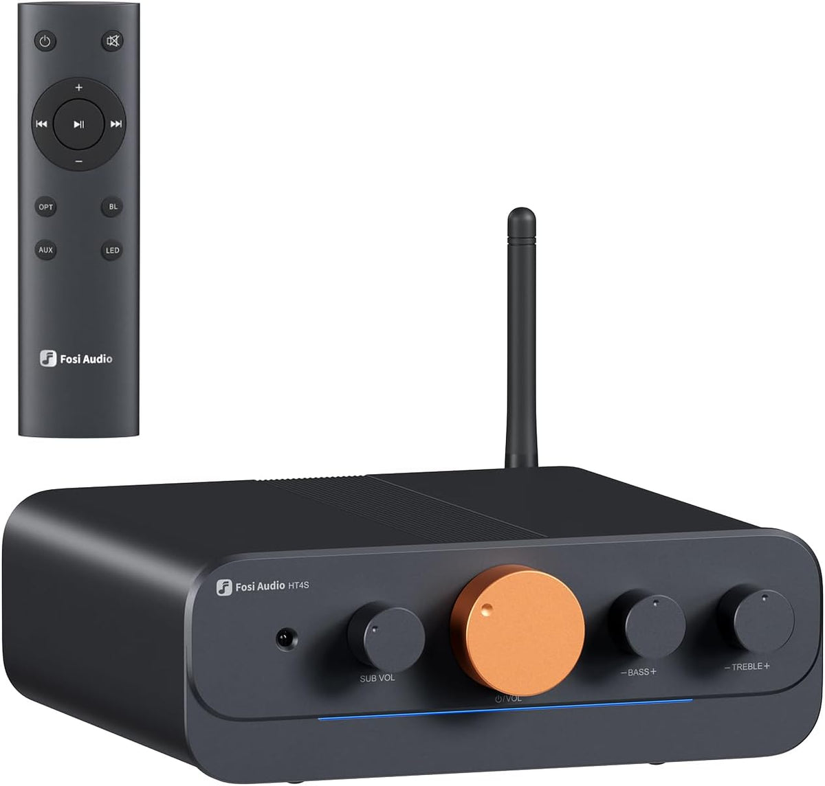 Fosi Audio HT4S Bluetooth Amplifier for Outdoor Speakers, 4 Channel Power Amp for Home Theater, Outdoor Gathering, 4.1/5.0 Ch Stereo Home Audio Receiver, Supports AUX/Optical Input with Remote Control