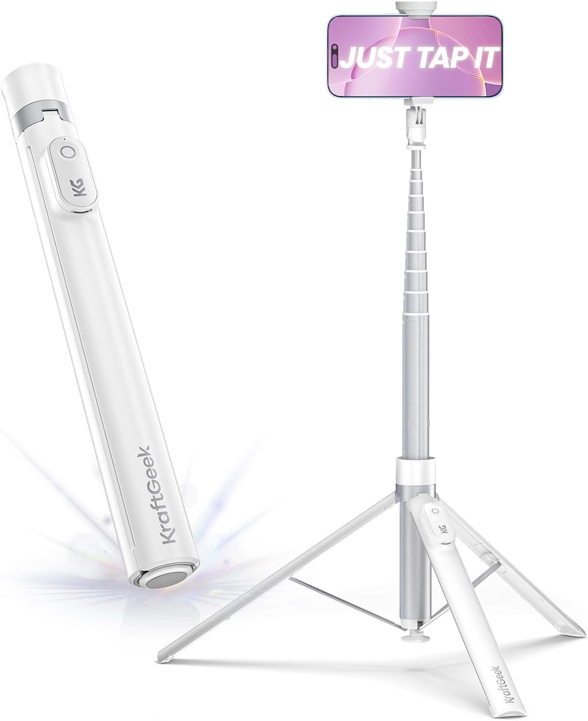 KraftGeek Tripod for iPhone, 66” JustTap Phone Tripod, Selfie Stick Cell Phone Stand for Recording Travel, Content Creator Essentials, White