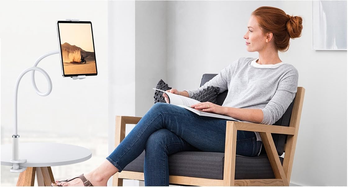 Gooseneck Tablet Holder - Flexible Stand, Tablet Holder,Cell Phone Holder,Cell Stand, Flexible Adjustable Arm in Bed for/Mobile Phone/Switch/etc, 98 cm Total Length (White)