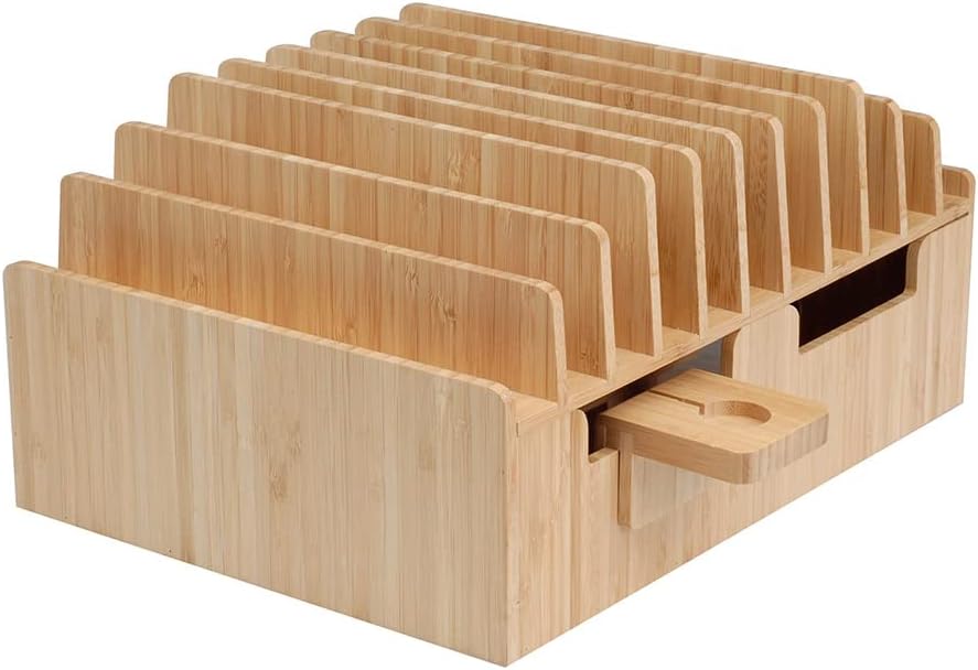 MobileVision Bamboo 10-Port Charging Station & Compatible Adapter for Apple Watch Combo for use with Watch, Smartphones & Tablets