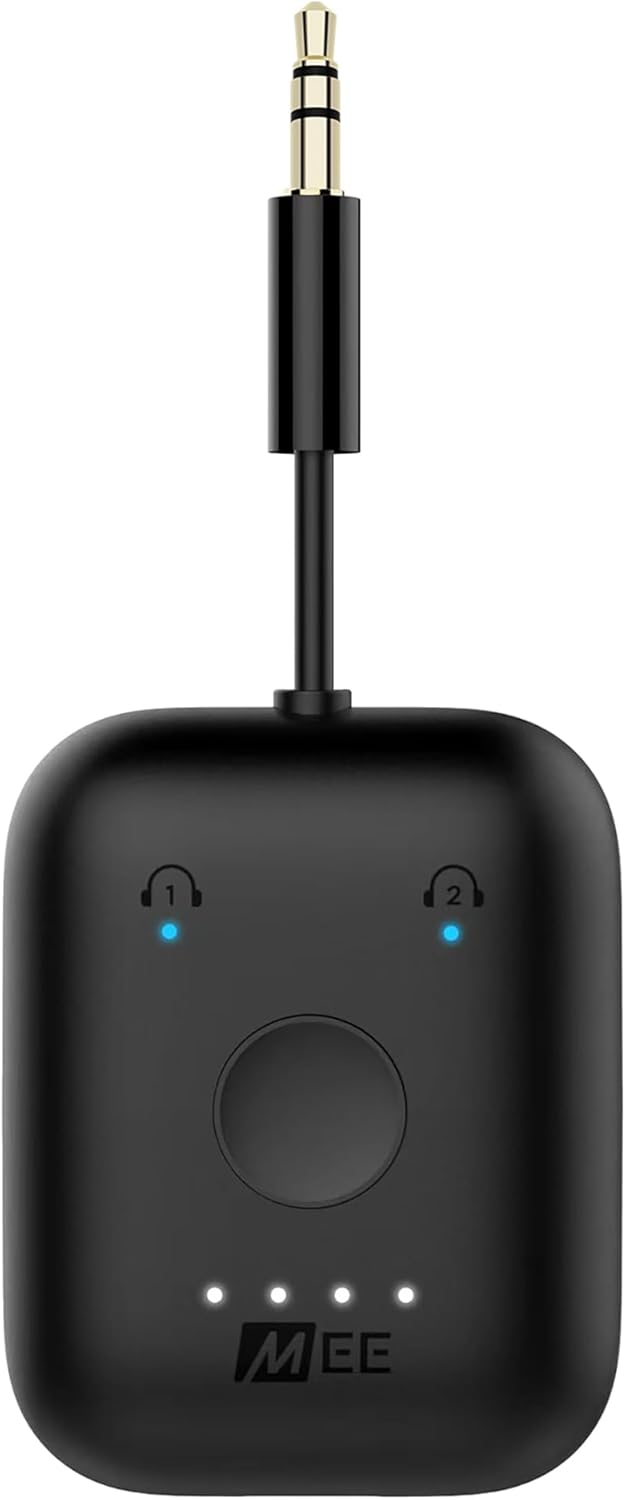 MEE audio Connect Air in-Flight Bluetooth Wireless Audio Transmitter Adapter for up to 2 AirPods/Other Headphones; Works with All 3.5mm Aux Jacks on Airplanes, Gym Equipment, TVs, & Gaming Consoles