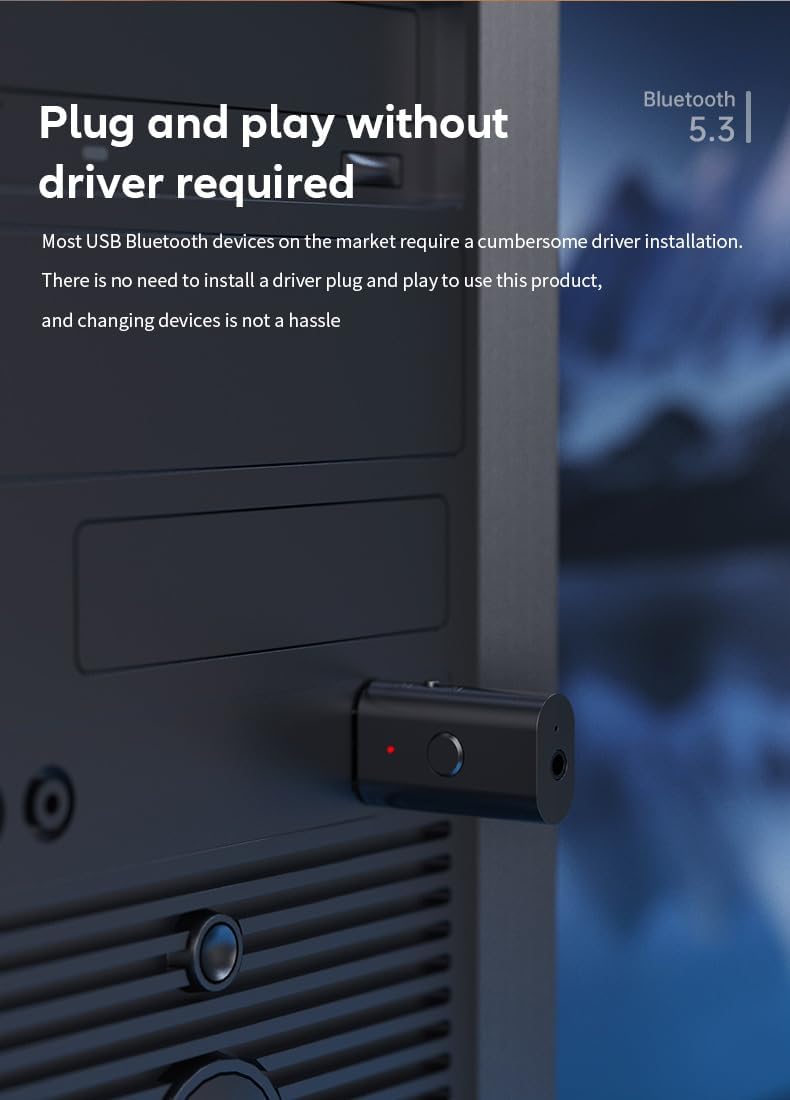 Bluetooth 5.3 Transmitter Receiver, 3.5mm Aux Wireless USB Adapter for TV, PC, Home/Car Stereo, Low Latency, Built-in