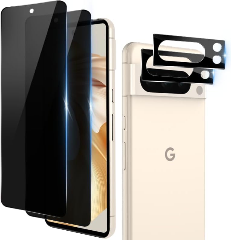 [2+2 Pack] Privacy Screen Protector for Google Pixel 8 Pro, Tempered Glass & HD Clear Camera Lens Protector